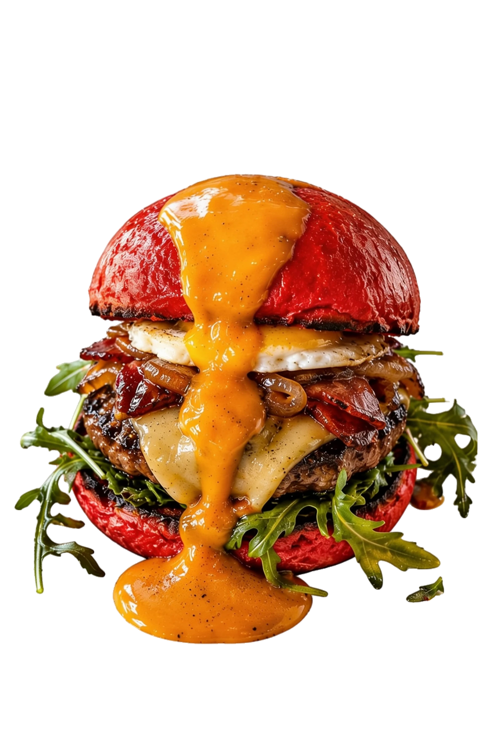 Hamburguesa Tiki Burger muntant-se amb formatge, bacó, ou i salsa